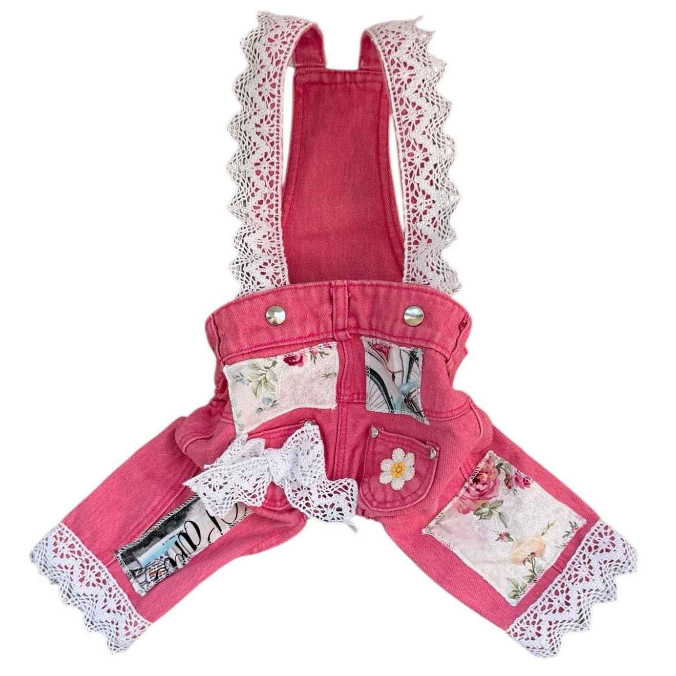Heads or Tails Pup Pink with Floral Patchwork Lace Trim Dog Overalls