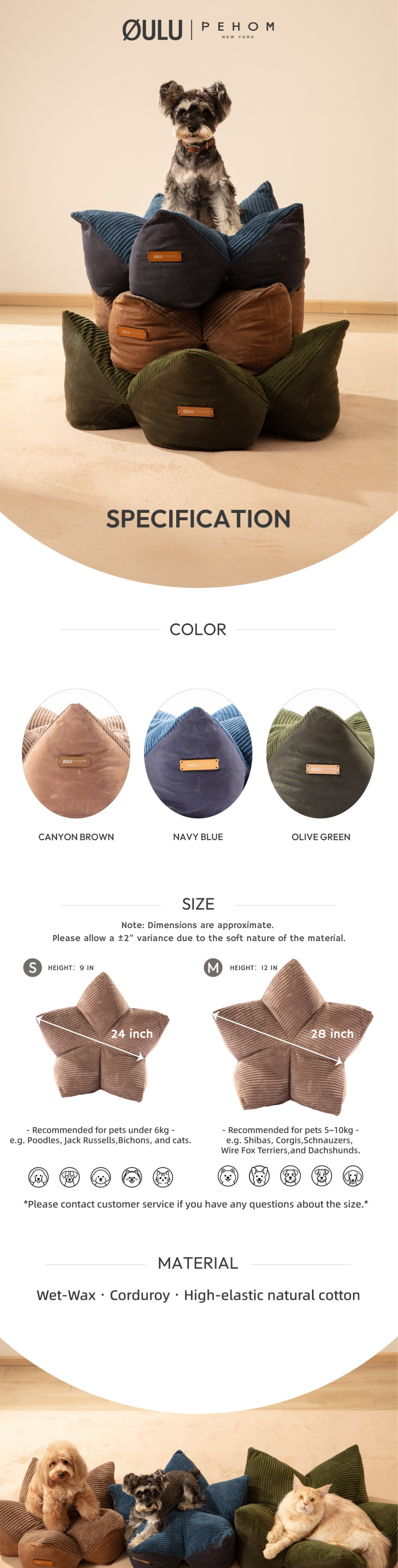 OULU x PEHOM - Cuddle Pet Pillow Bed - Navy Blue / Olive Green / Canyon Brown