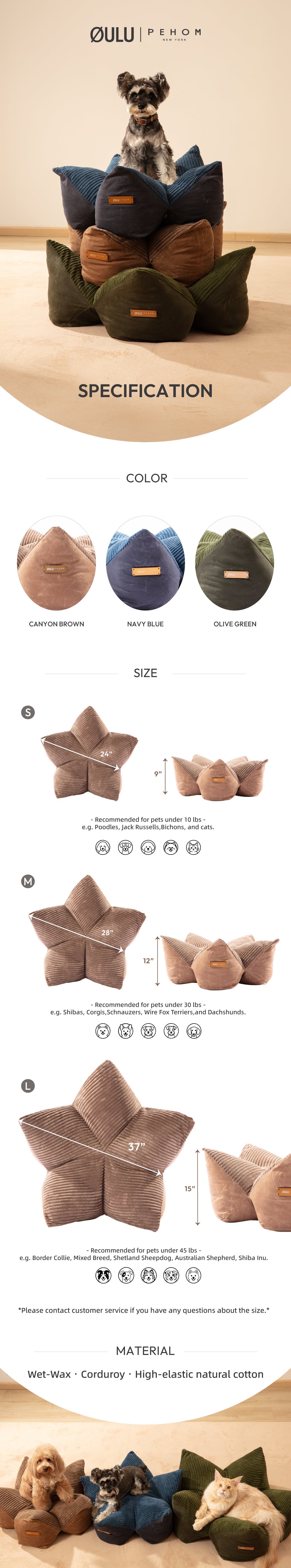OULU x PEHOM - Cuddle Pet Pillow Bed - Navy Blue / Olive Green / Canyon Brown