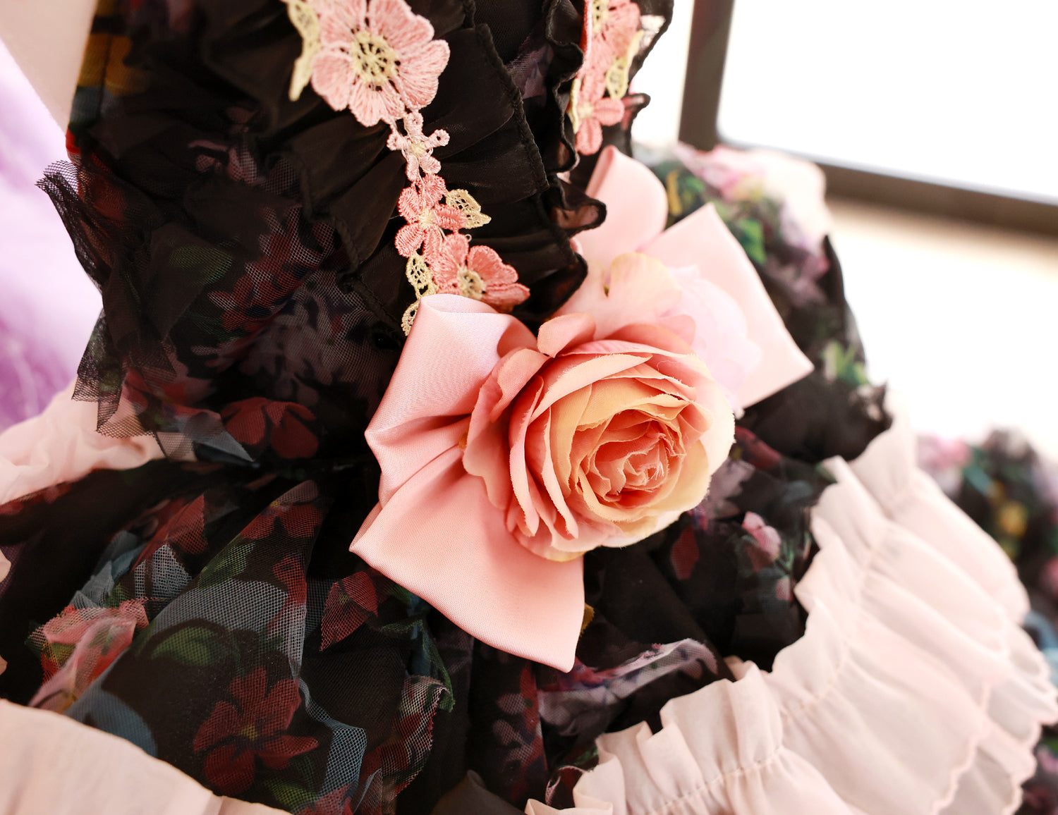 Luxury Floral Dog Dress with Ruffled Skirt & Pink Bow