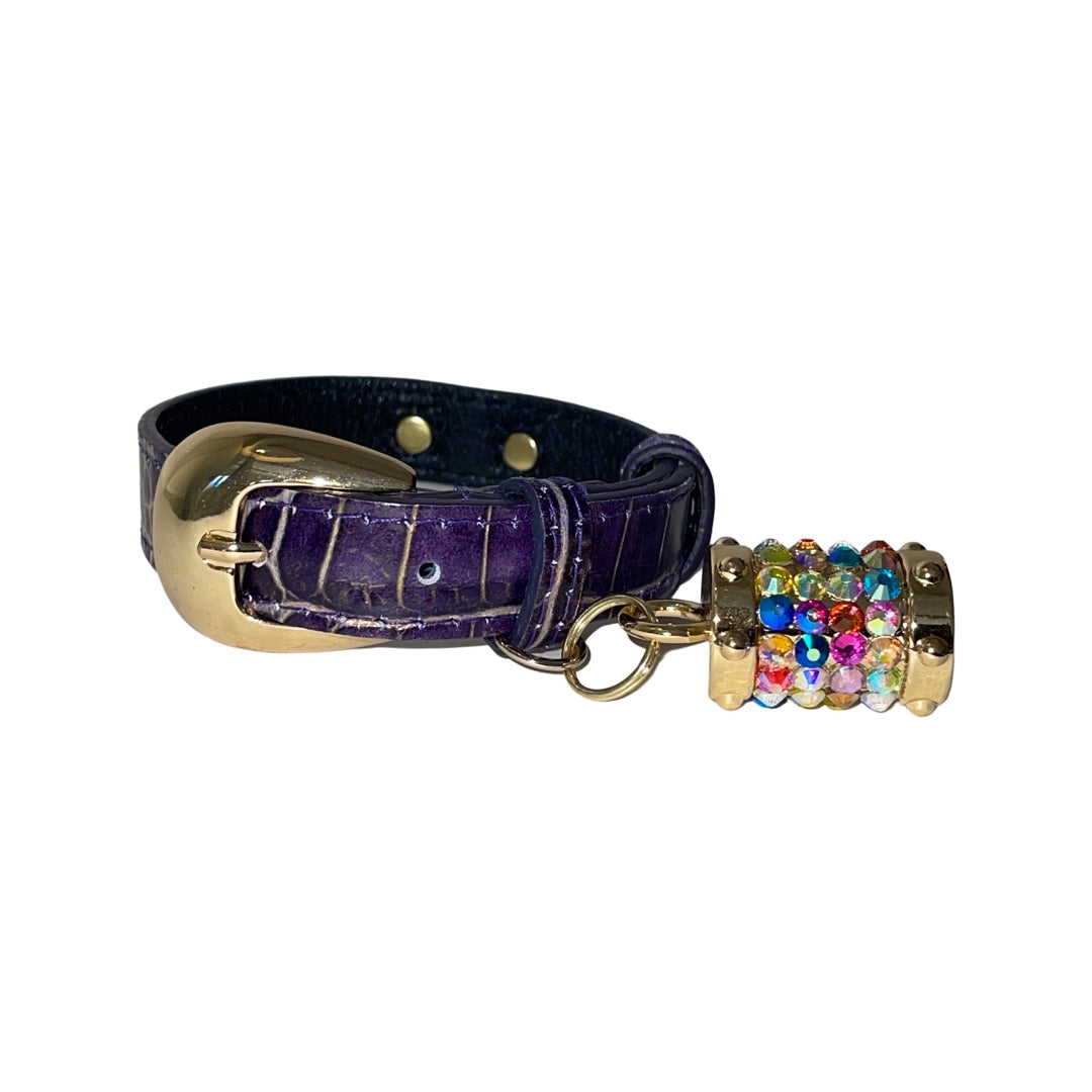 Allysa Payne XS 7"-14" Purple/Gold Embossed Croc Italian Leather Dog Collar/Custom Gold Oval Italian Hardware & Swarovski Crystal Charm