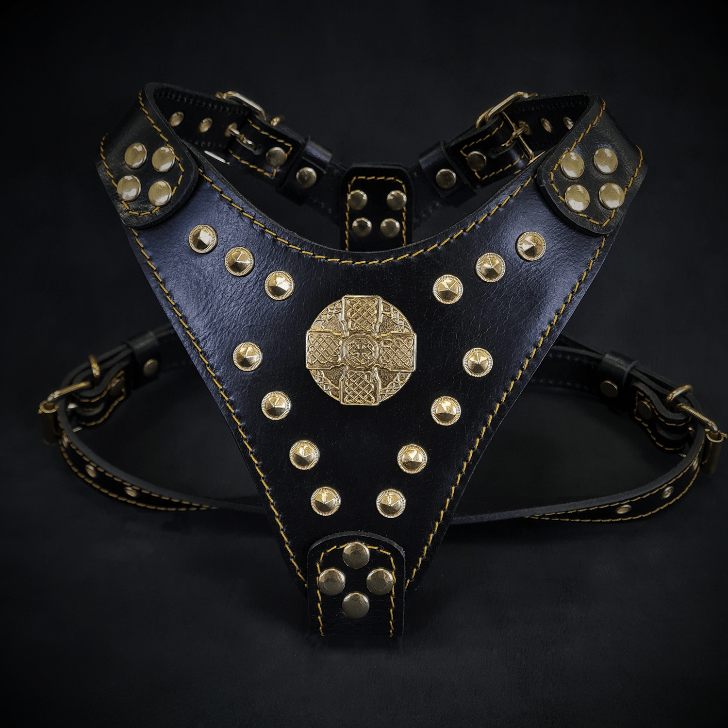 Bestia Maximus Black & Gold Leather Small to Medium Dog Harness