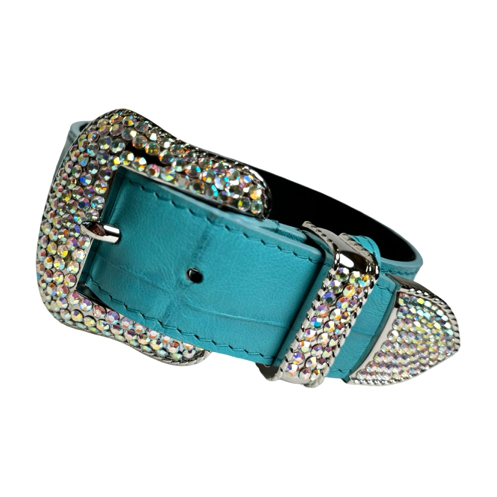 Allysa Payne The Tiffany Collection Turquoise Blue Embossed Croc Italian Leather/Custom Silver Swarovski Crystal Hardware Dog Collar