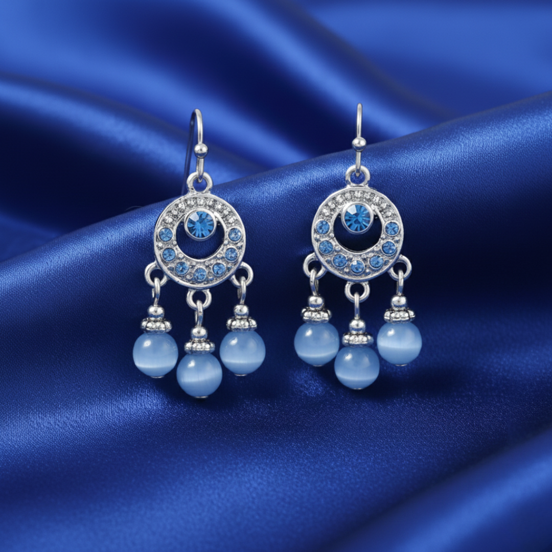 1928 Jewelry Light Sapphire Blue Cats Eye Bead Dangle Earrings