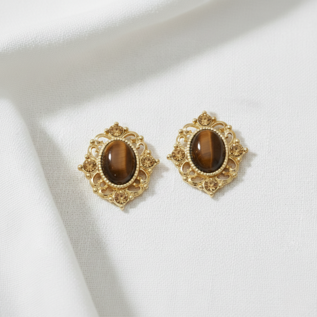 1928 Jewelry Topaz Crystal And Topaz Cat Eye Button Earrings