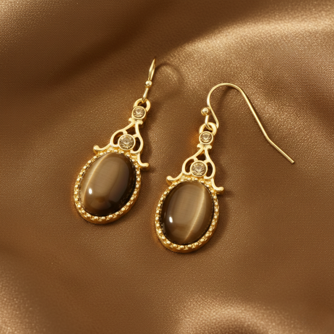 1928 Jewelry Topaz Crystal And Topaz Cat Eye Oval Drop Earrings