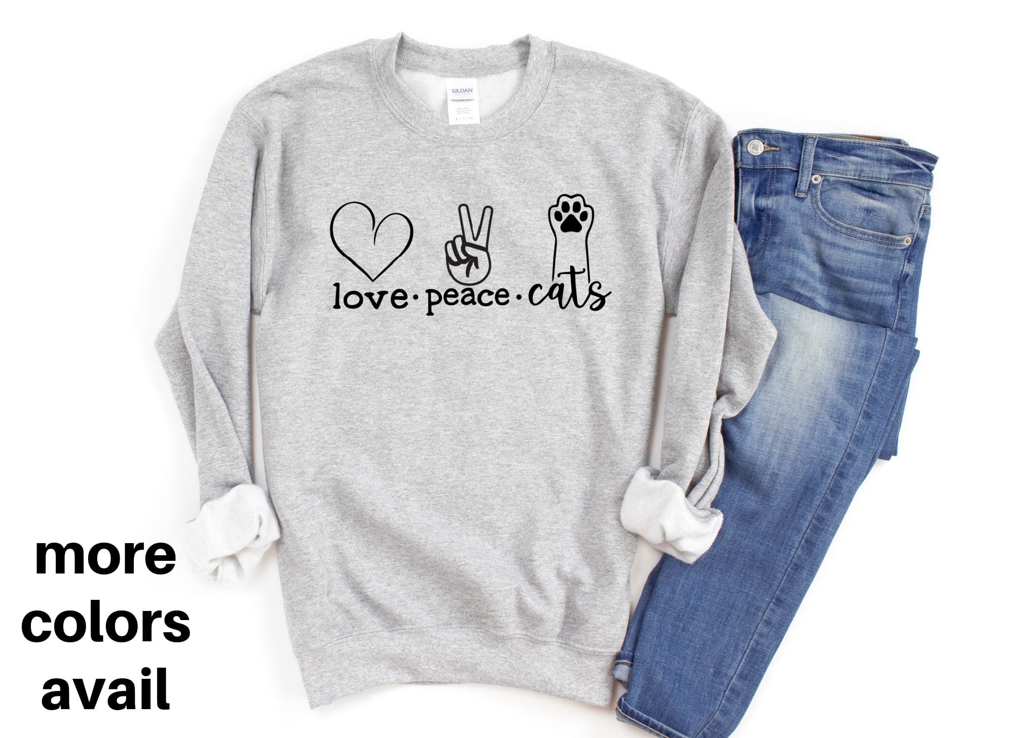 CAT CREW Sweatshirt Unisex Crew Neck Crewneck Sweatshirt LOVE PEACE CATS Cat Lover Sweatshirt