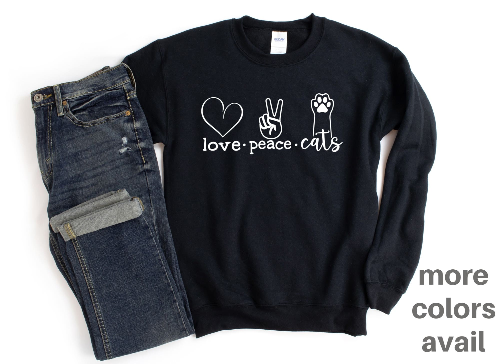 CAT CREW Sweatshirt Unisex Crew Neck Crewneck Sweatshirt LOVE PEACE CATS Cat Lover Sweatshirt