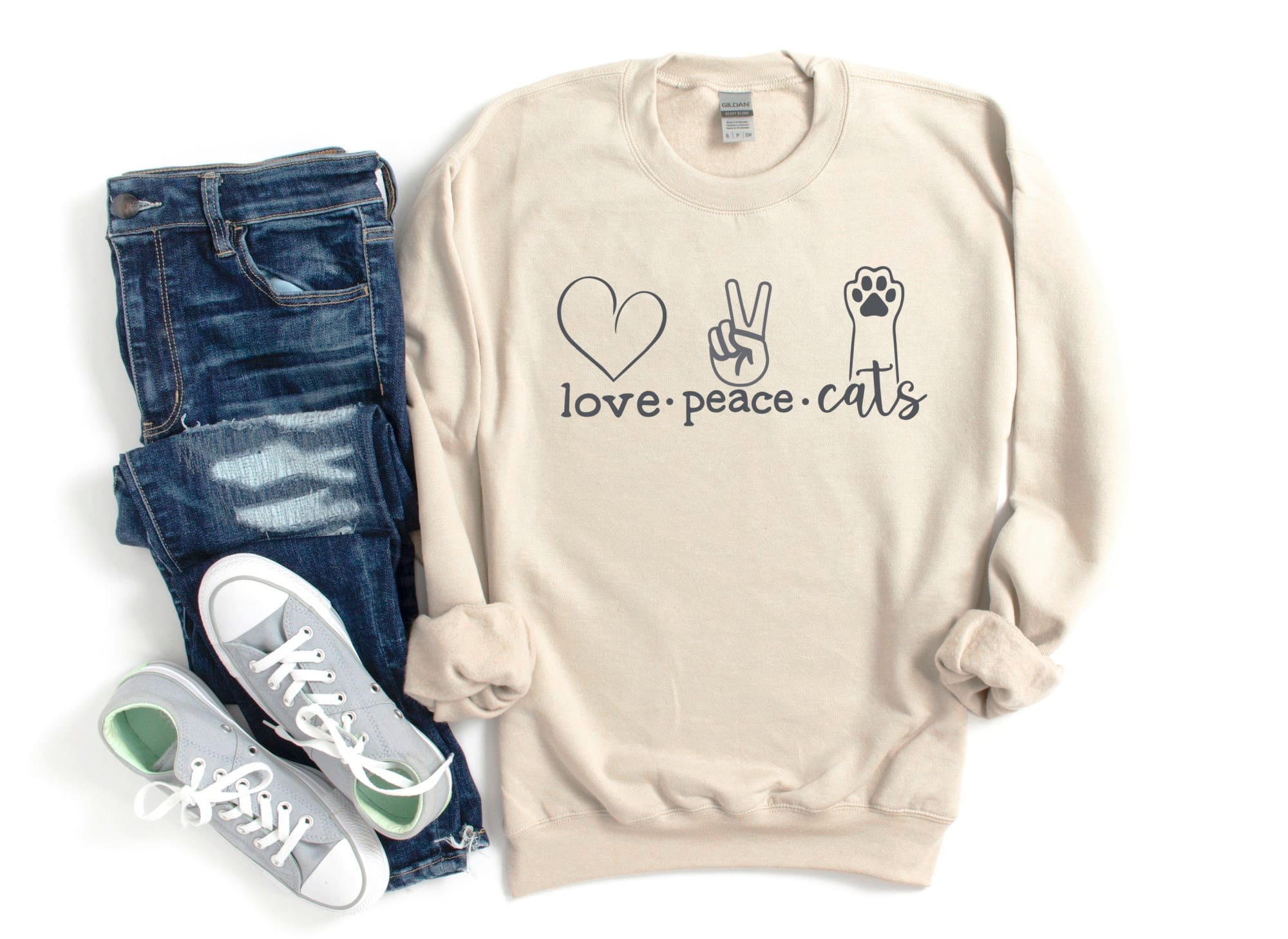CAT CREW Sweatshirt Unisex Crew Neck Crewneck Sweatshirt LOVE PEACE CATS Cat Lover Sweatshirt
