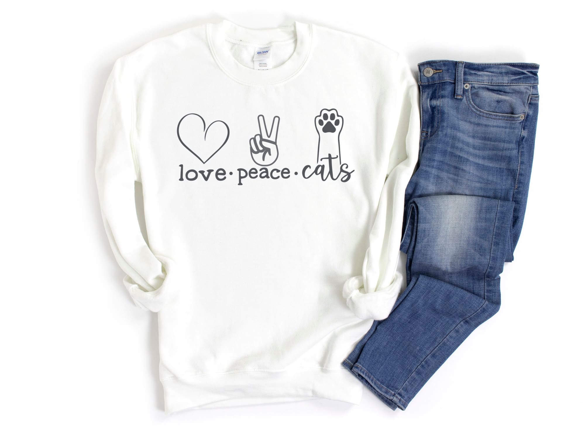 CAT CREW Sweatshirt Unisex Crew Neck Crewneck Sweatshirt LOVE PEACE CATS Cat Lover Sweatshirt