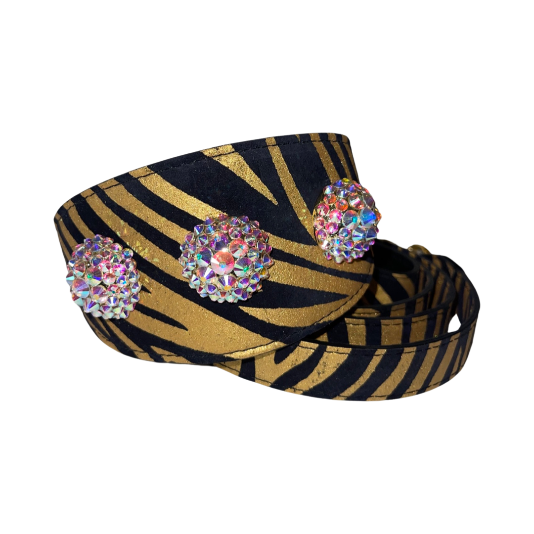 Black & Gold Zebra Print Italian Leather Collar & Leash