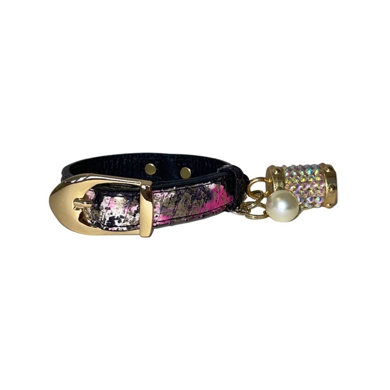 XS 7"-14" Black/Pink/Gold Custom Snake Collar/Custom Gold Italian Hardware. Including Swarovski Charm, and Pearl