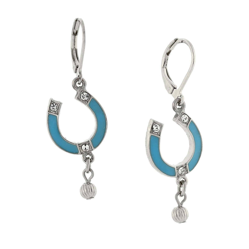 1928 Jewelry Southwest Turquoise Enamel Crystal Accents Horseshoe Dangle Earrings