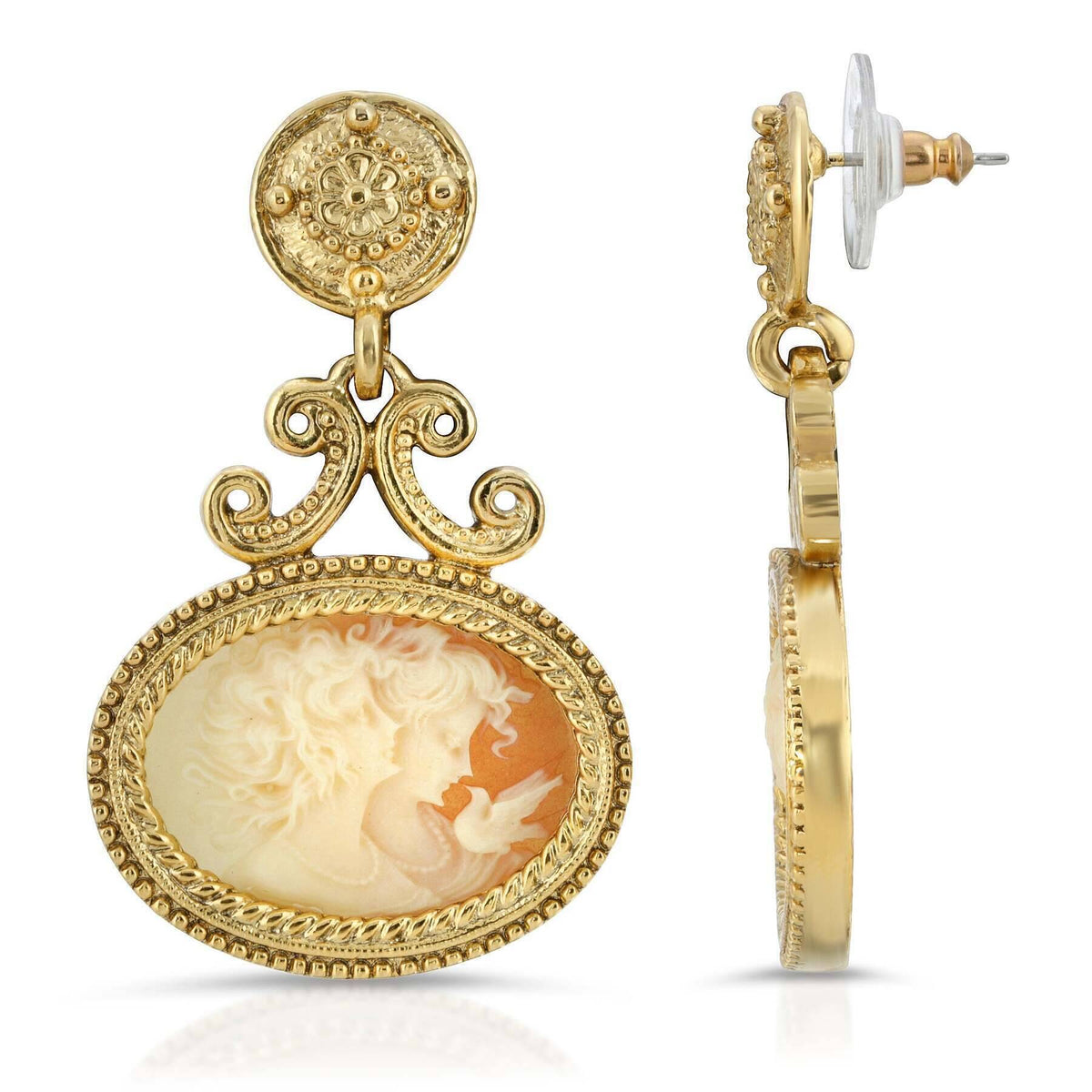 1928 Jewelry Antiquities Couture Carnelian Color Cameo Twin Muse And Bird Dangle Earrings