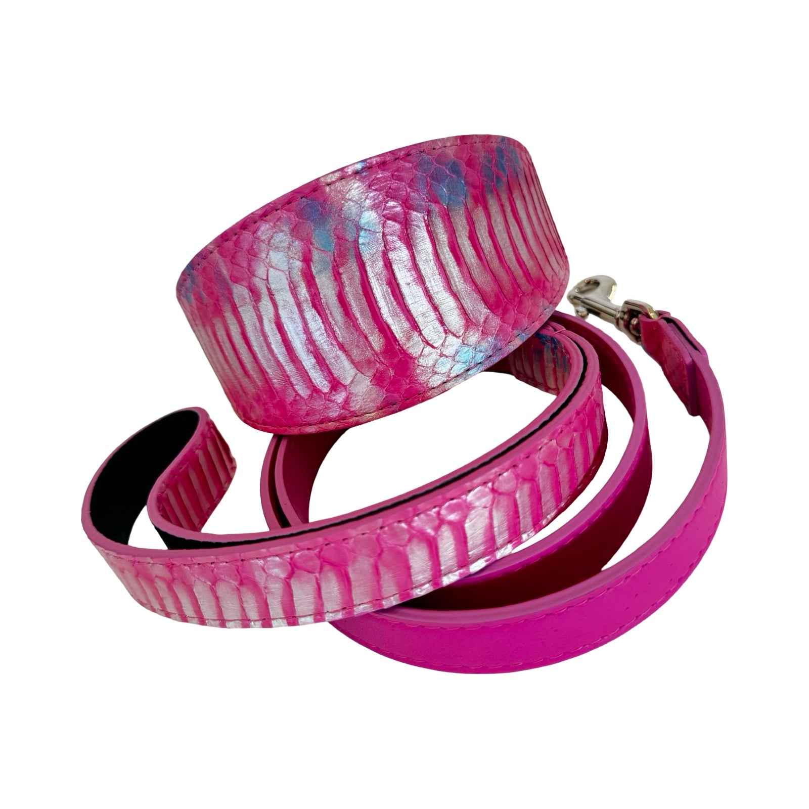 Allysa Payne Pavé In Pink Authentic Iridescent Snake 3-Inch Wide Style Statement Dog Collar & Leash Set