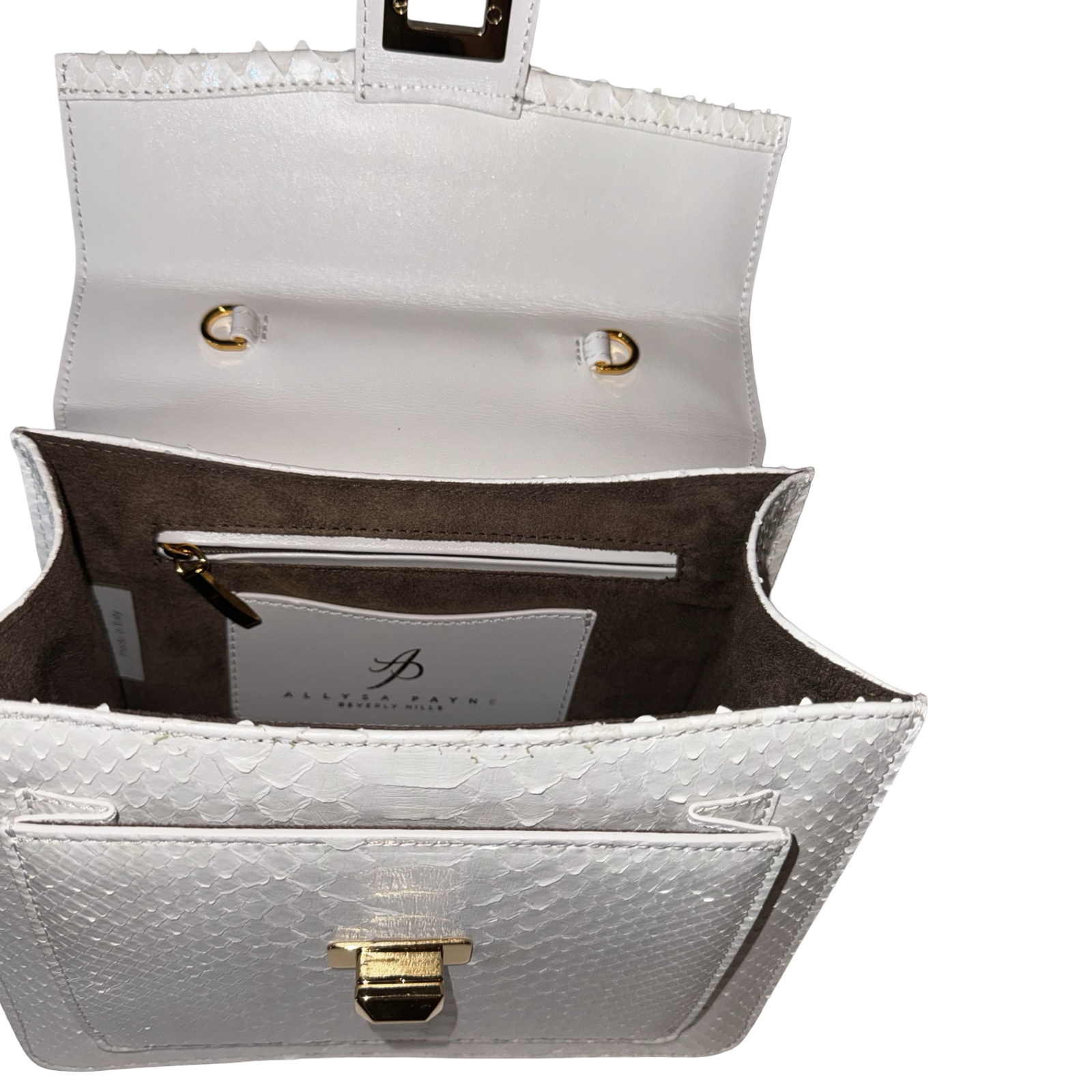 Allysa Payne Cosmo Horse Handle Handbag In Iridescent White Python