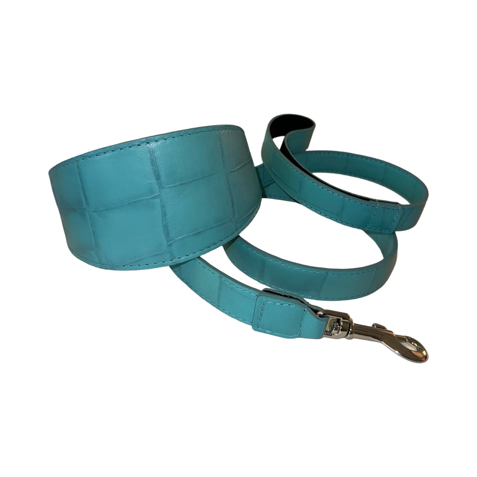 Allysa Payne The Tiffany Collection Turquoise Blue Embossed Croc Italian Leather 3-Inch Wide Style Dog Collar, With Silver Hardware