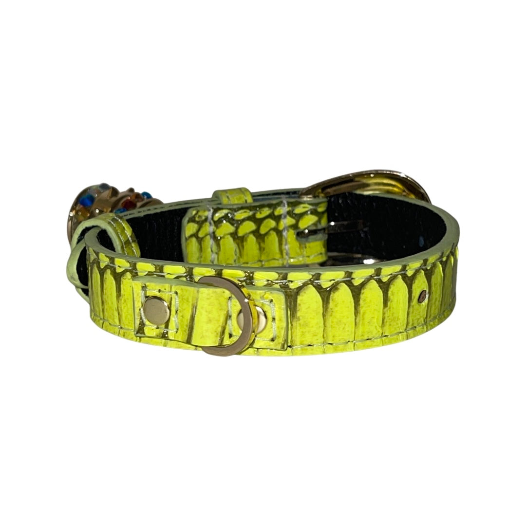Allysa Payne XS/S 7"-14" Light Neon Green Custom Snake Dog Collar/Custom Gold Oval Italian Hardware & Swarovski Crystal Charm