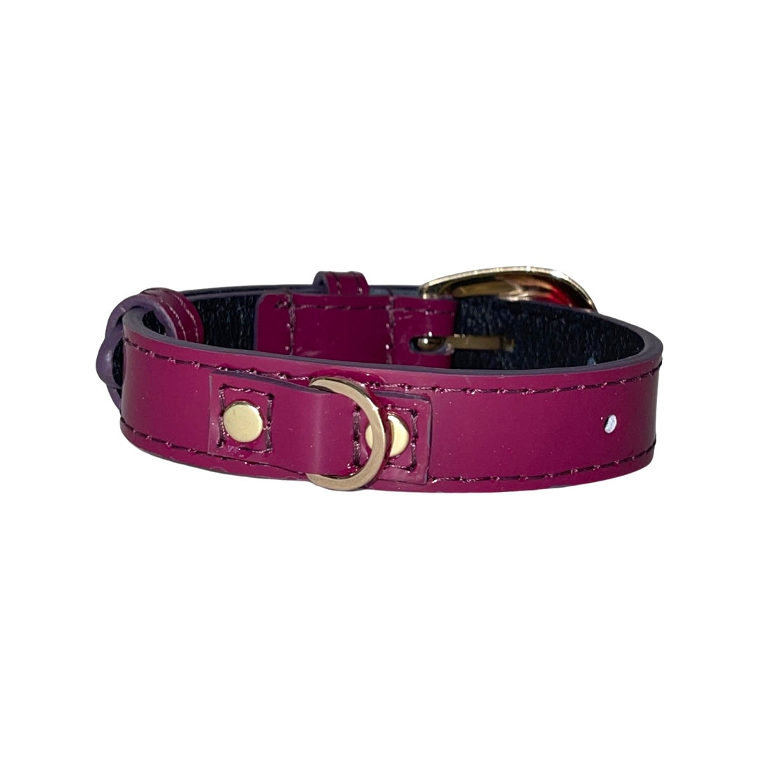 XS 7"-14" Purple Patent Italian Leather Collar/Custom Gold Oval Italian Hardware