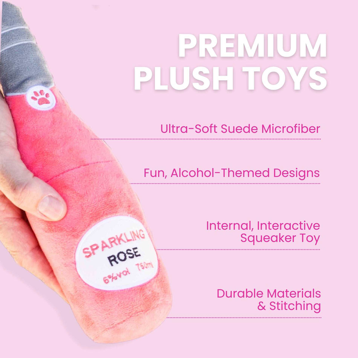 Glow Pups: Sparkling Rose Wine Squeaky Plush Dog Toy