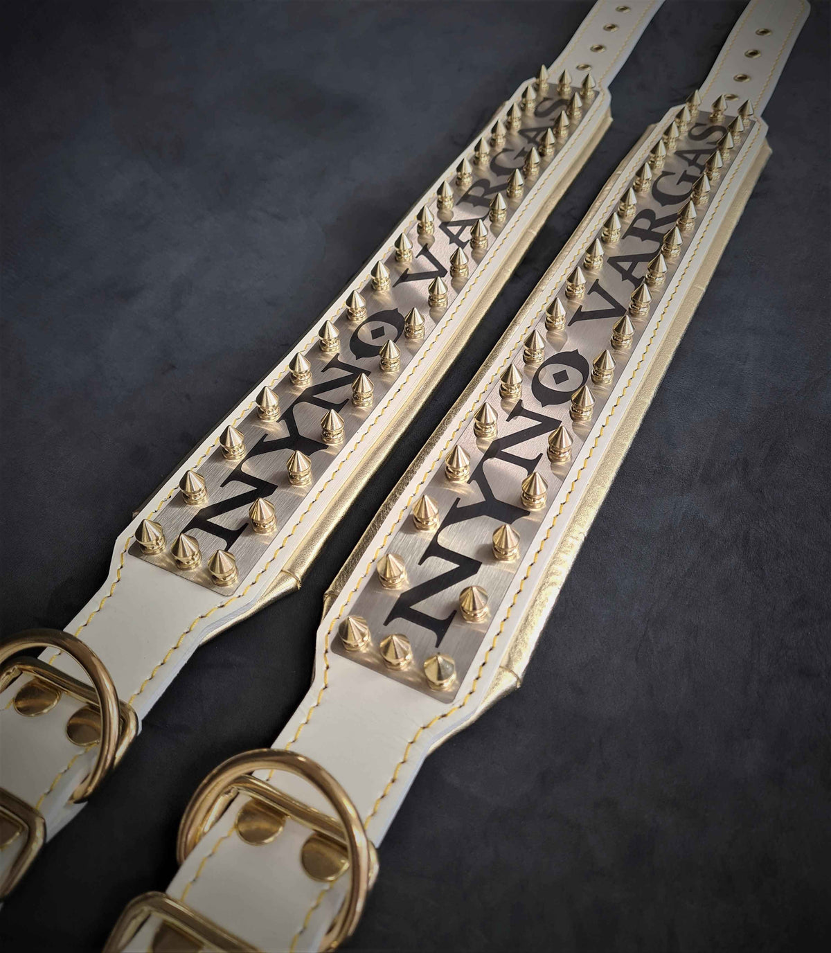Bestia Metal White & Gold Personalized Leather Dog Collar