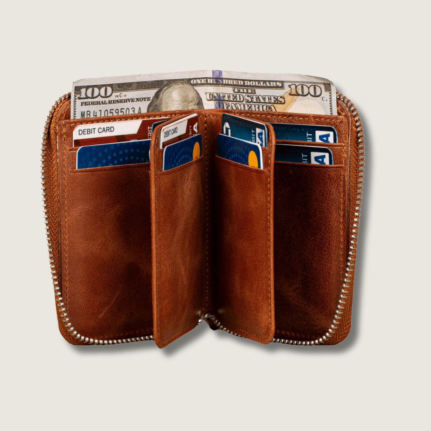 Premium Leather Zipper Wallet Warm Brown Anniston