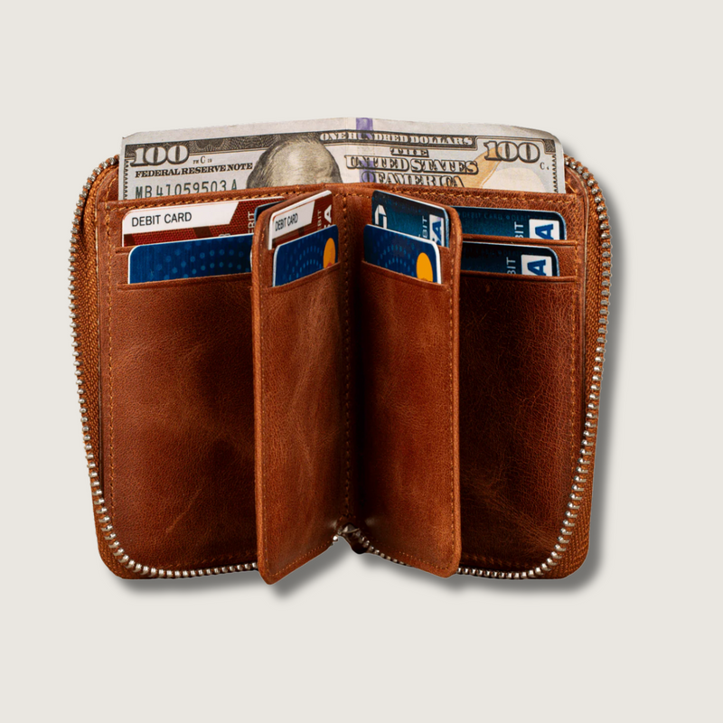 Premium Leather Zipper Wallet Warm Brown Anniston