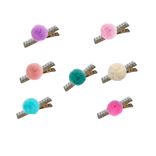 Poof Pom Dog Hair Barrette- Pearl and Rhinestone