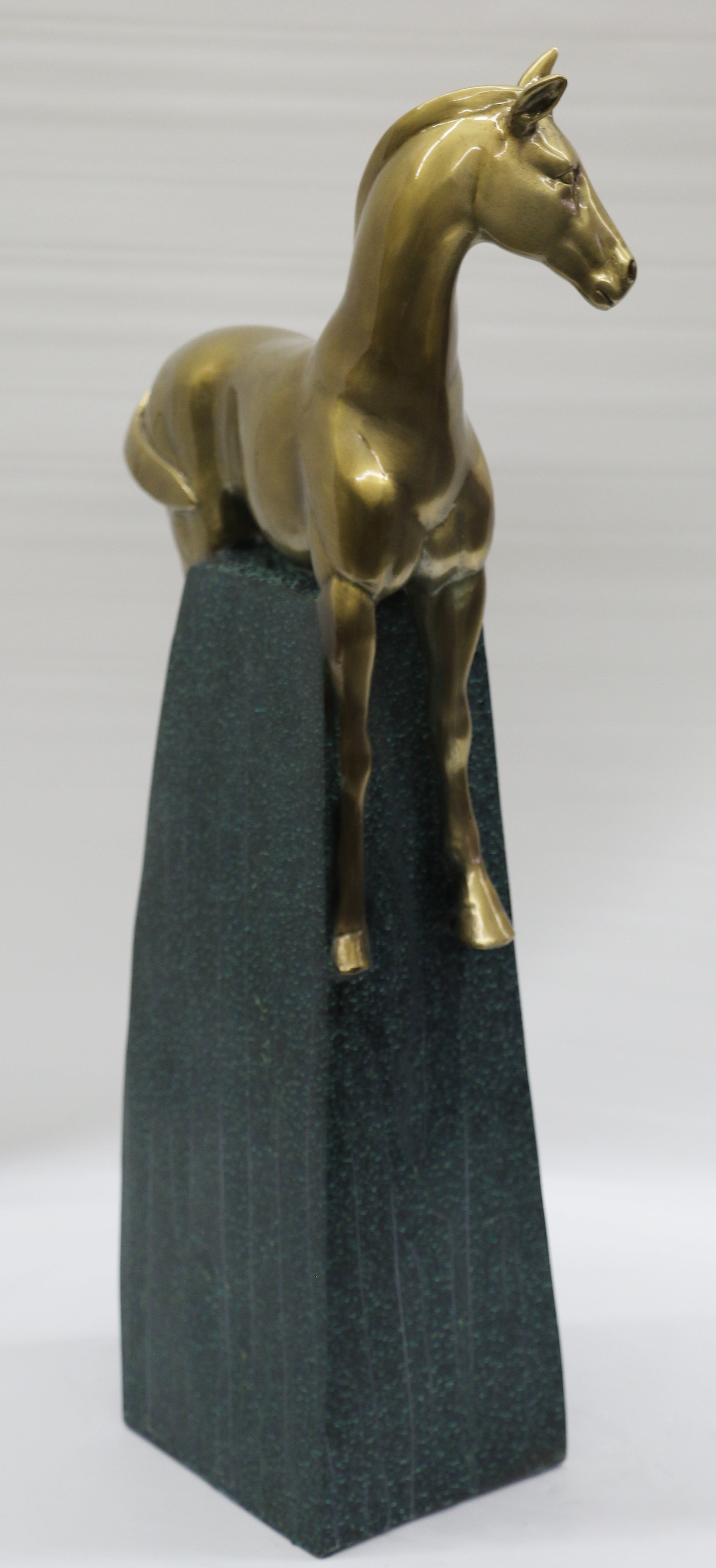 Large Extra Large Green and Gold Patina Stallion Horse Bronze Sculpture Figurine