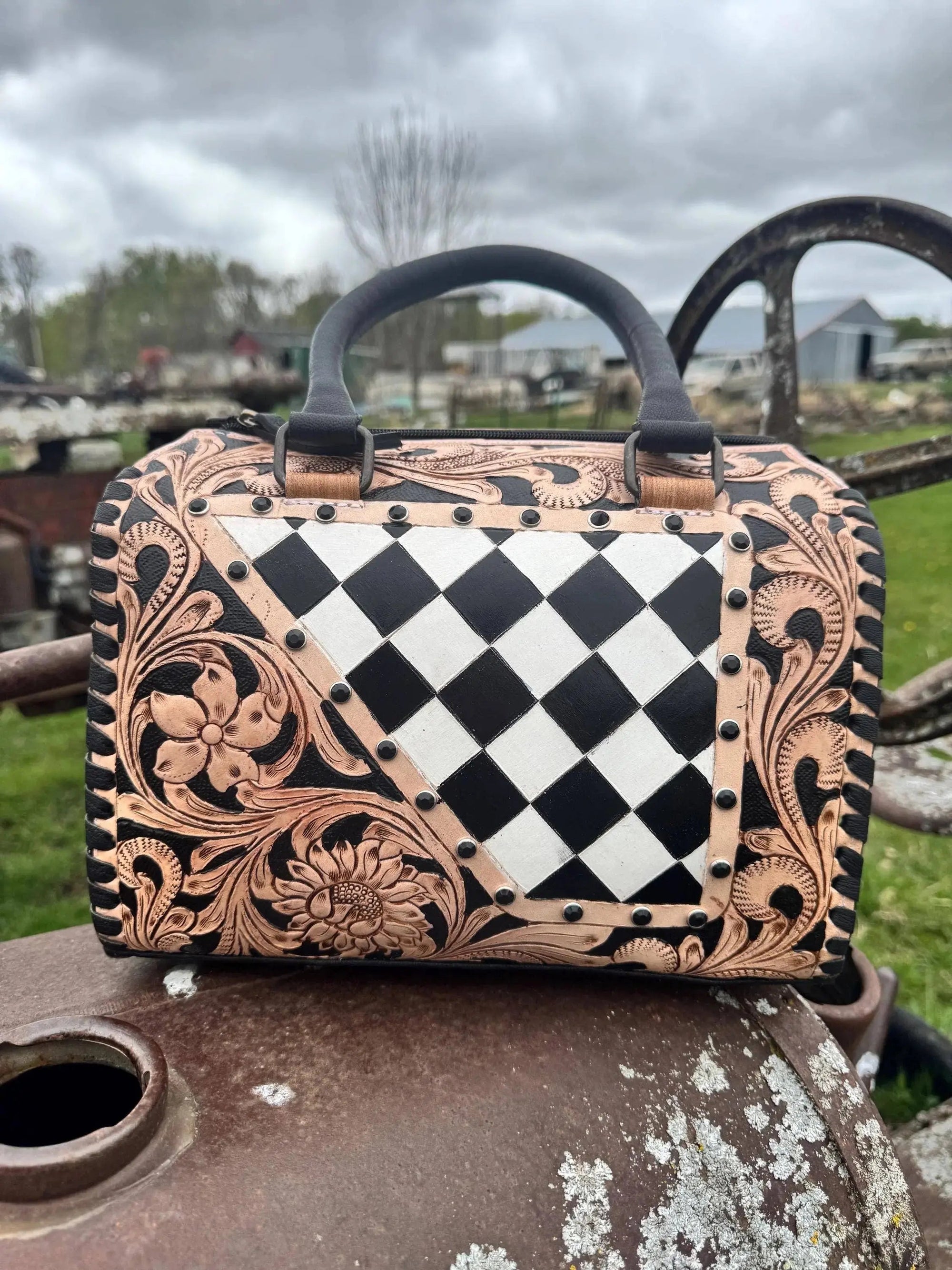 Luxe Tooled Leather Starry Night Rhinestone Stud Checkered Speedy Bag