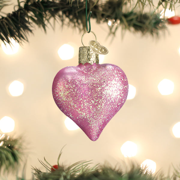 Old World Christmas: Pink Glittered Heart Christmas Ornament