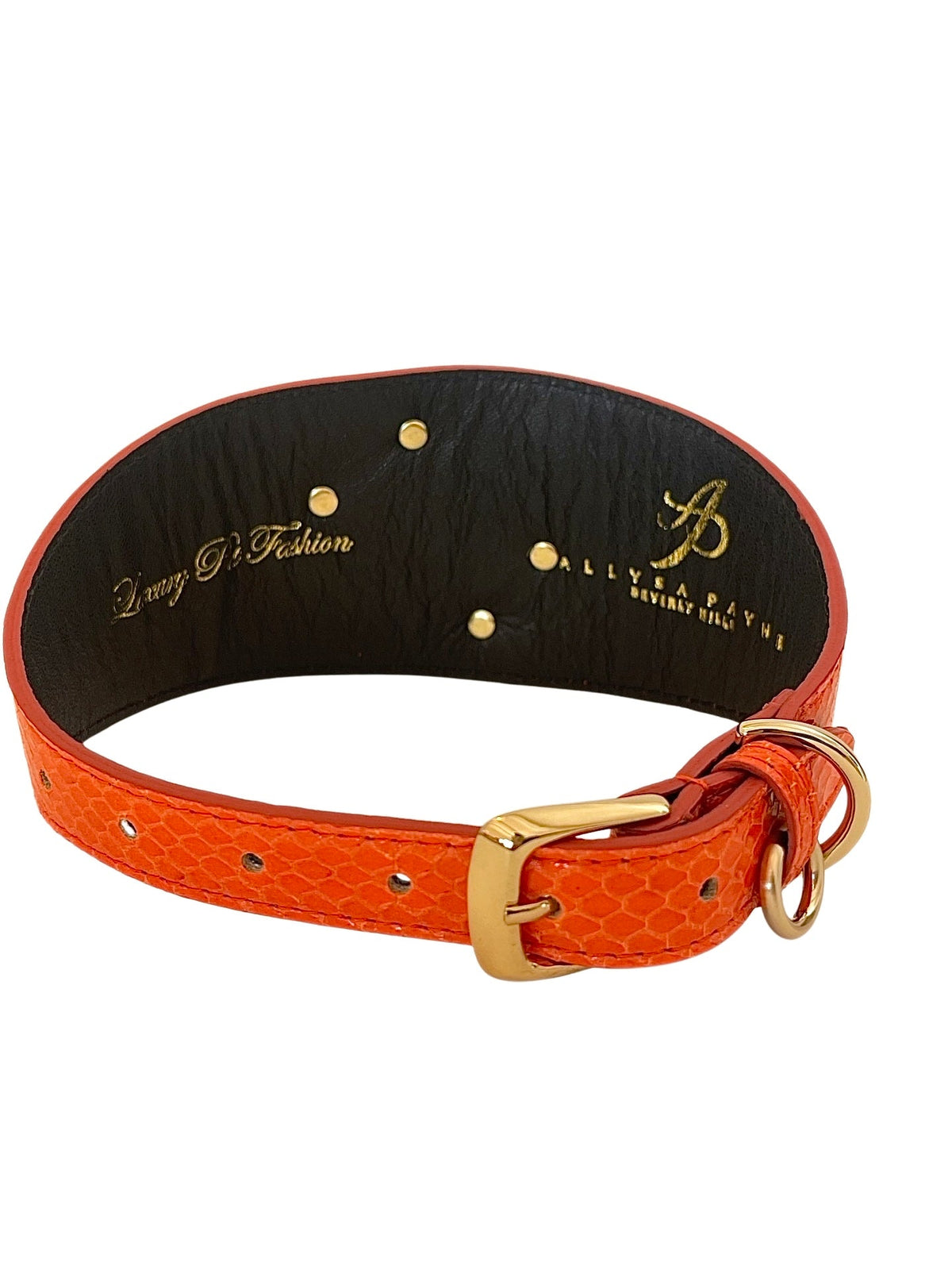 Allysa Payne Orange Snake Dog Collar With Green Rhinestone Alligators