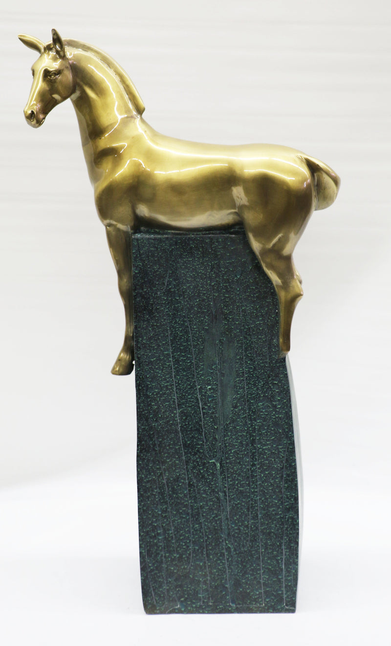 Large Extra Large Green and Gold Patina Stallion Horse Bronze Sculpture Figurine