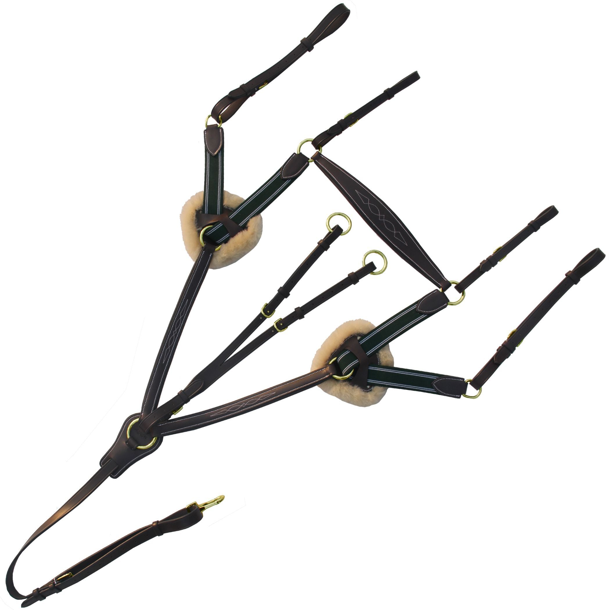 ExionPro 5 Point Breastplate with Sheepskin Padding - Green Elastic & White Lines