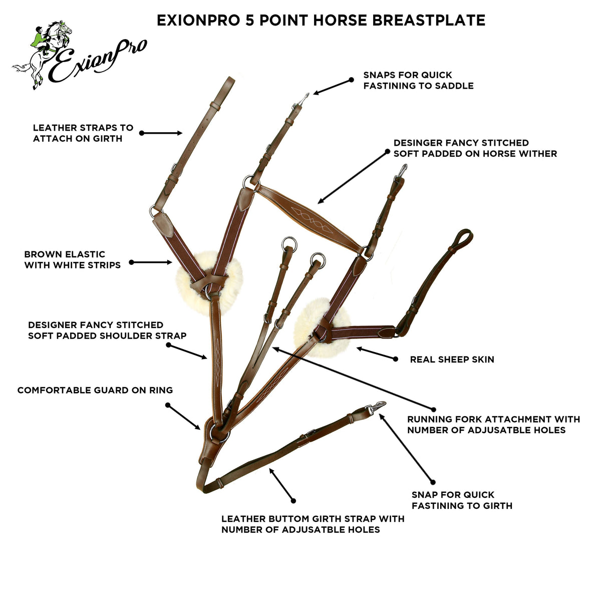 ExionPro 5 Point Breastplate with Sheepskin Padding - Matching Elastic - HT Animal Supply