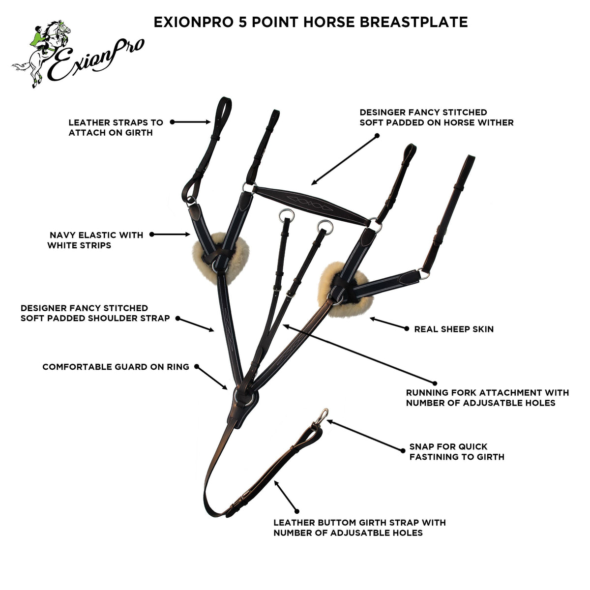ExionPro 5 Point Breastplate with Sheepskin Padding - Navy Blue Elastic & White Lines - HT Animal Supply