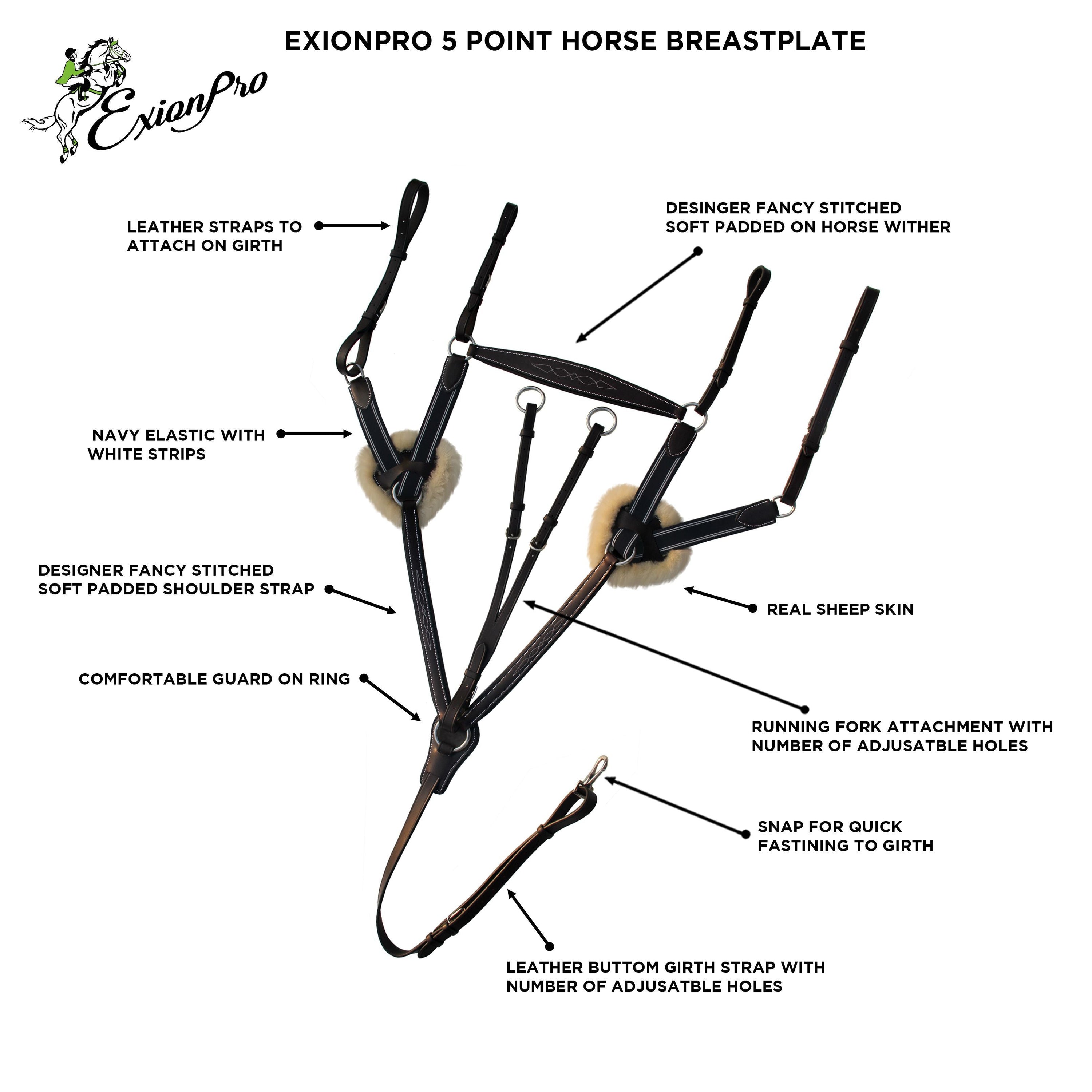 ExionPro 5 Point Breastplate with Sheepskin Padding - Navy Blue Elastic & White Lines - HT Animal Supply