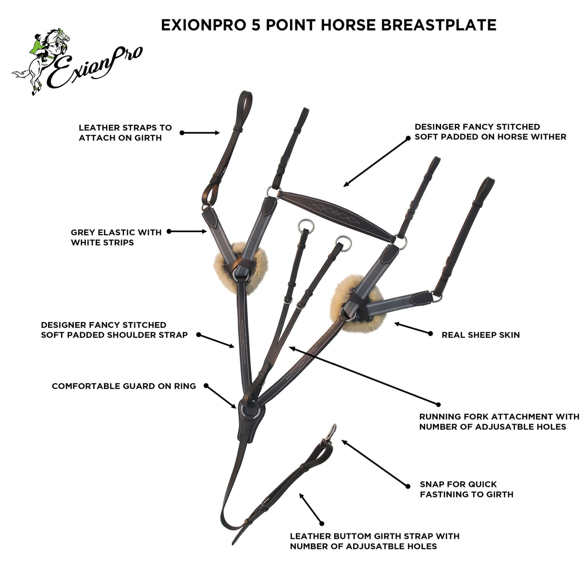 ExionPro 5 Point Breastplate with Sheepskin Padding - Grey Elastic & White Lines - HT Animal Supply