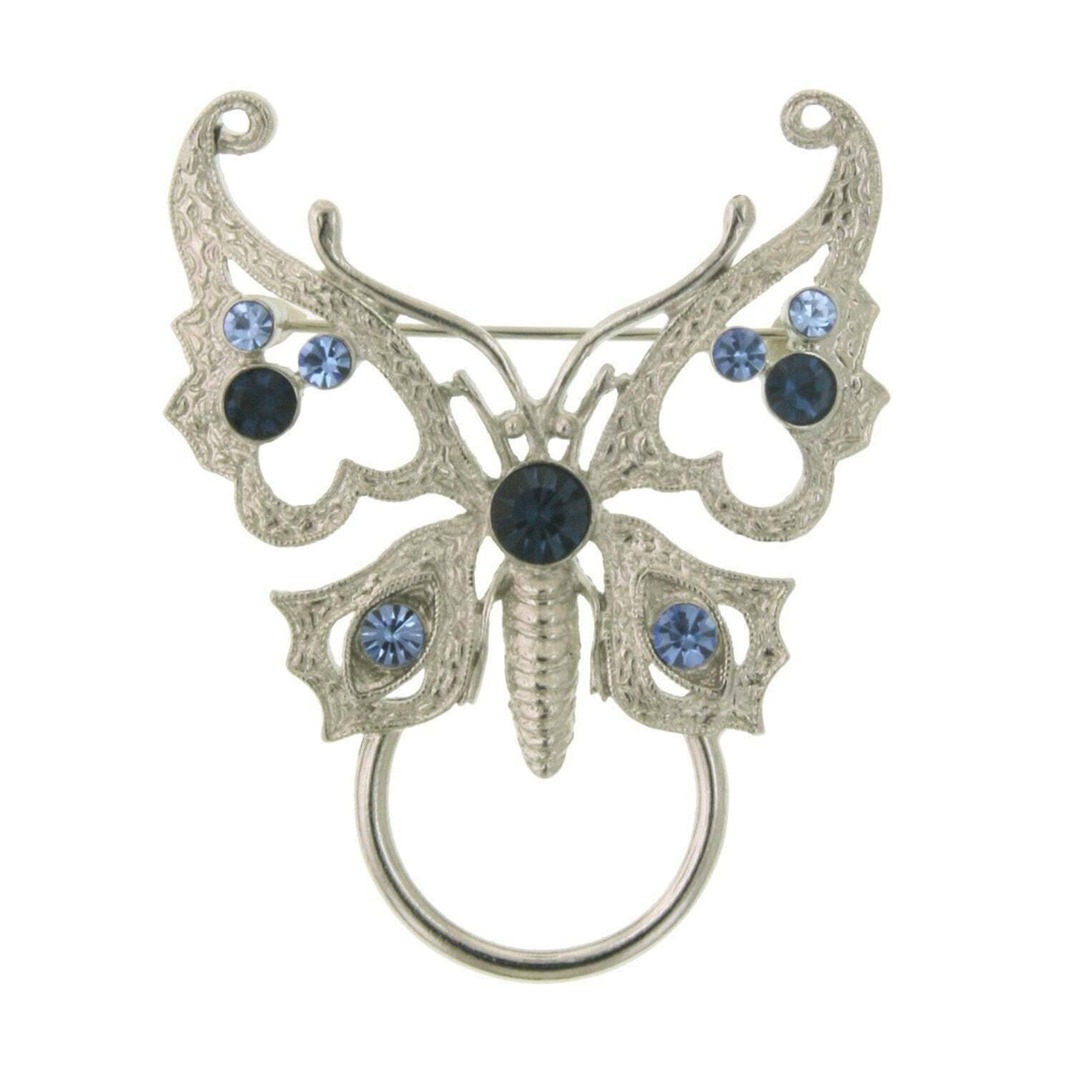 1928 Jewelry Blue Crystal Butterfly Pin Badge and Eyeglass Holder Pin