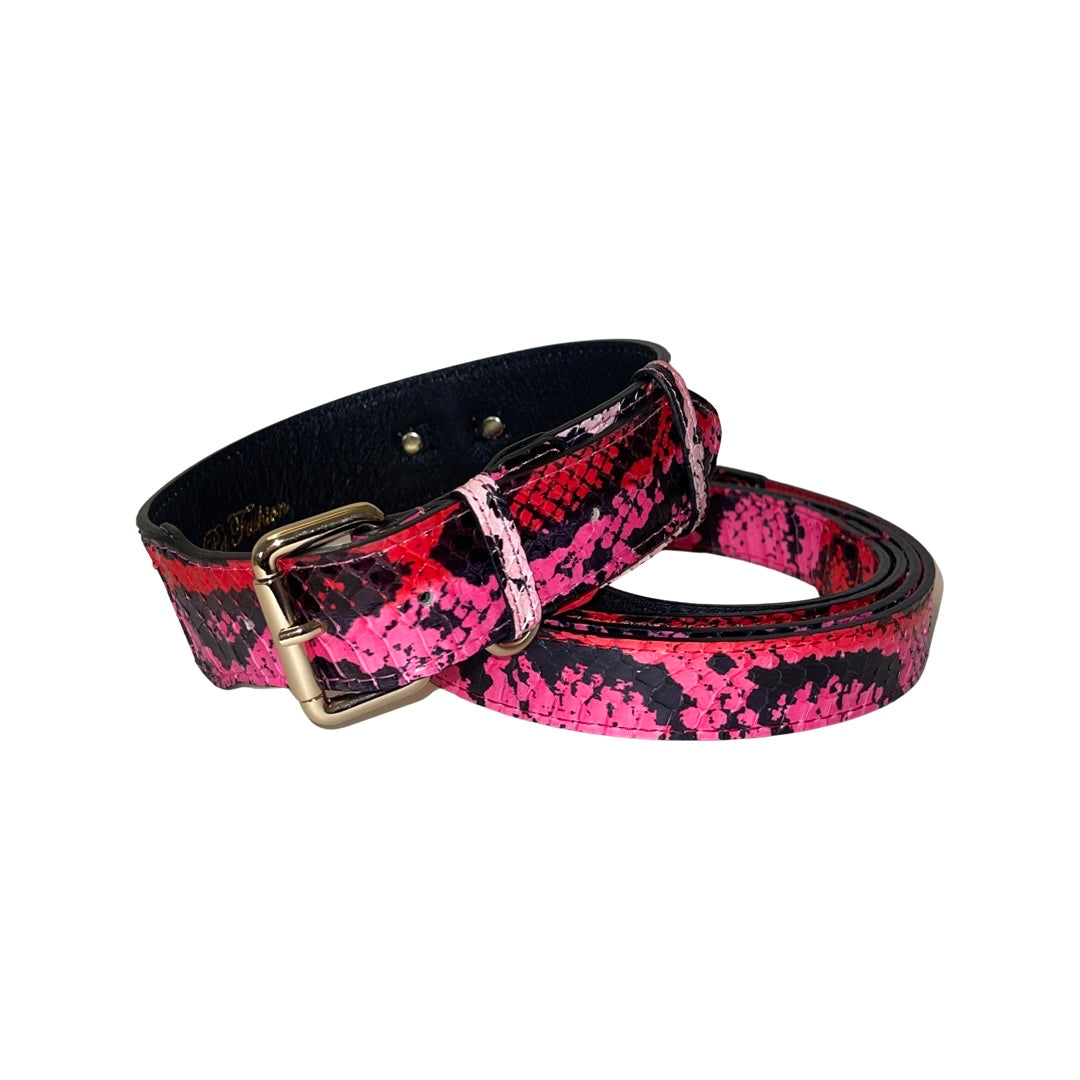 Allysa Payne Fuchsia/Light Pink/Red & Black Snake Classic Dog Collar & Leash Set