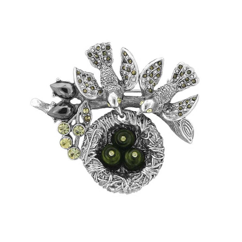 1928 Jewelry Antiquities Couture Genuine Marcasite Faux Pearl Bird Nest Pin