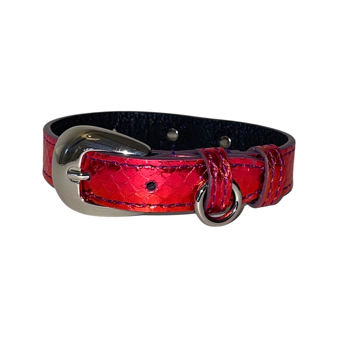 Allysa Payne XS/S 7"-14" Ruby Red/Purple Custom Snake Dog Collar/Custom Silver Oval Italian Hardware