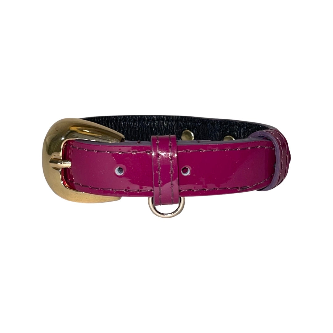 XS 7"-14" Purple Patent Italian Leather Collar/Custom Gold Oval Italian Hardware