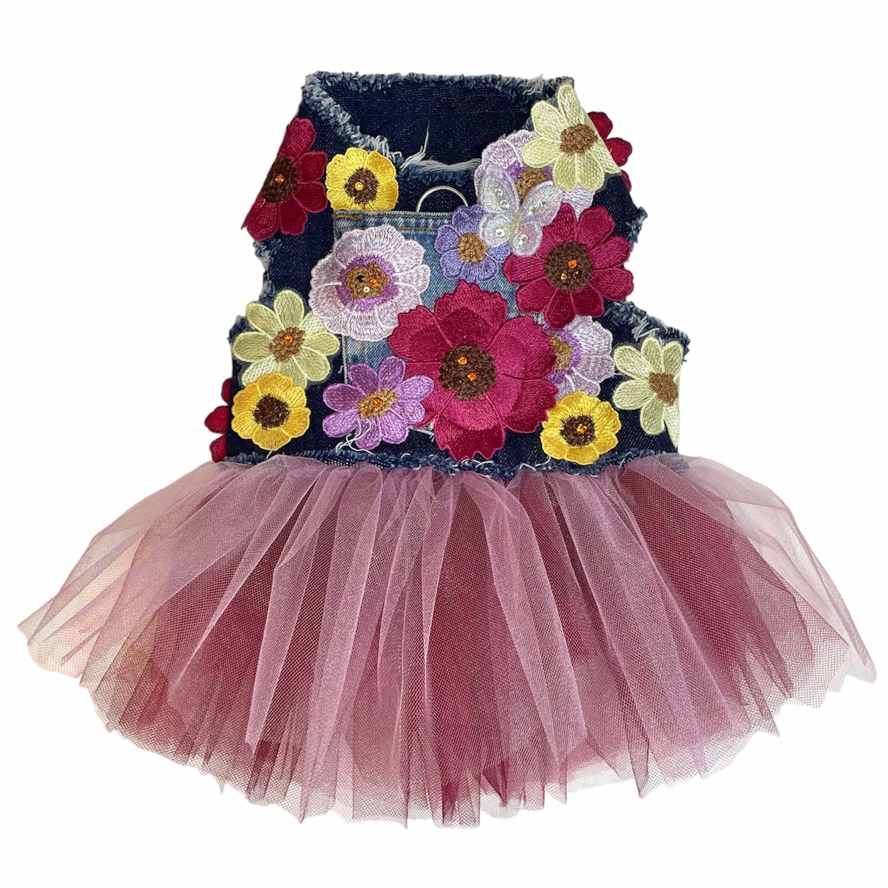 Heads or Tails Pup Plum Prosecco Bouquet Denim Dog Dress