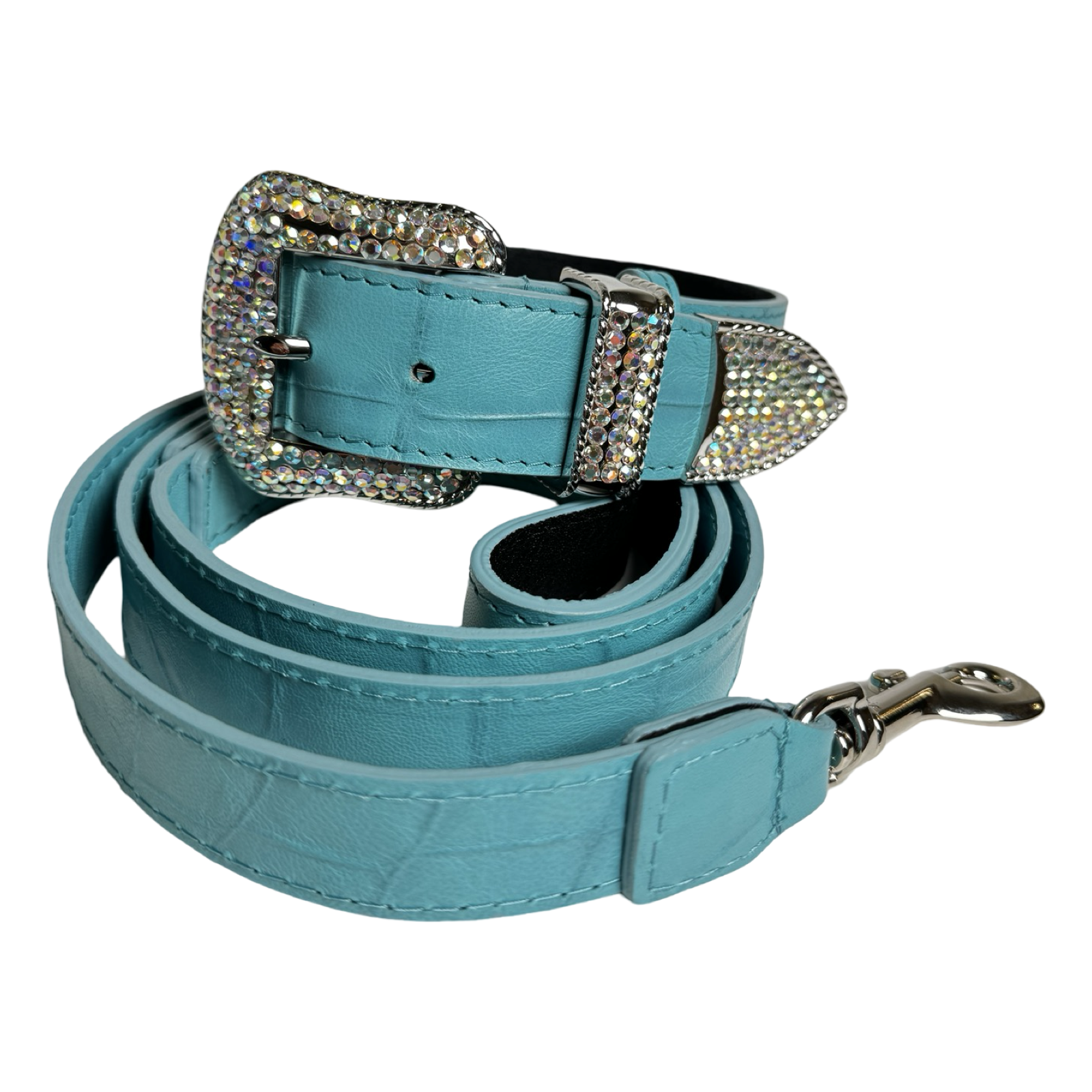 Allysa Payne The Tiffany Collection Turquoise Blue Embossed Croc Italian Leather , With Our Custom Swarovski Crystal Hardware Dog Collar & Leash Set