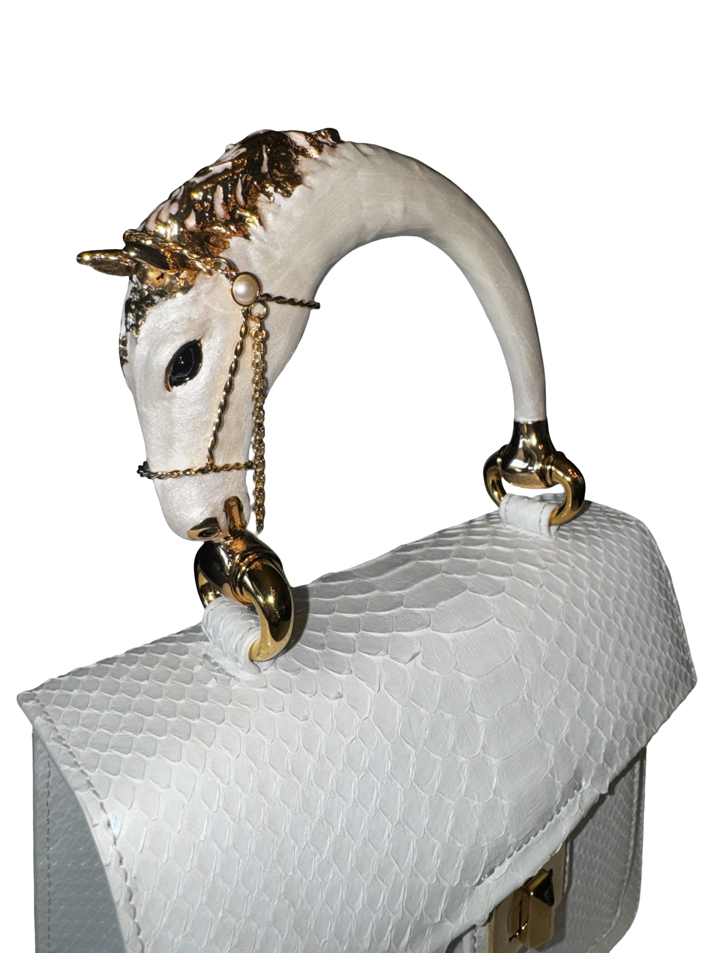 Allysa Payne Cosmo Horse Handle Handbag In Iridescent White Python