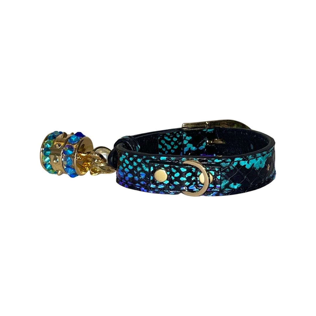 Allysa Payne XS 7"-14" Multi-Tone Turquoise, Blqck & Purple Custom Snake Dog Collar/Custom Gold Italian Hardware. Swarovski Crystal Charm & Pearl