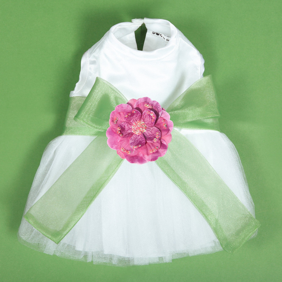 The Madeleine Dog Harness Dress with Leaf Green Sash