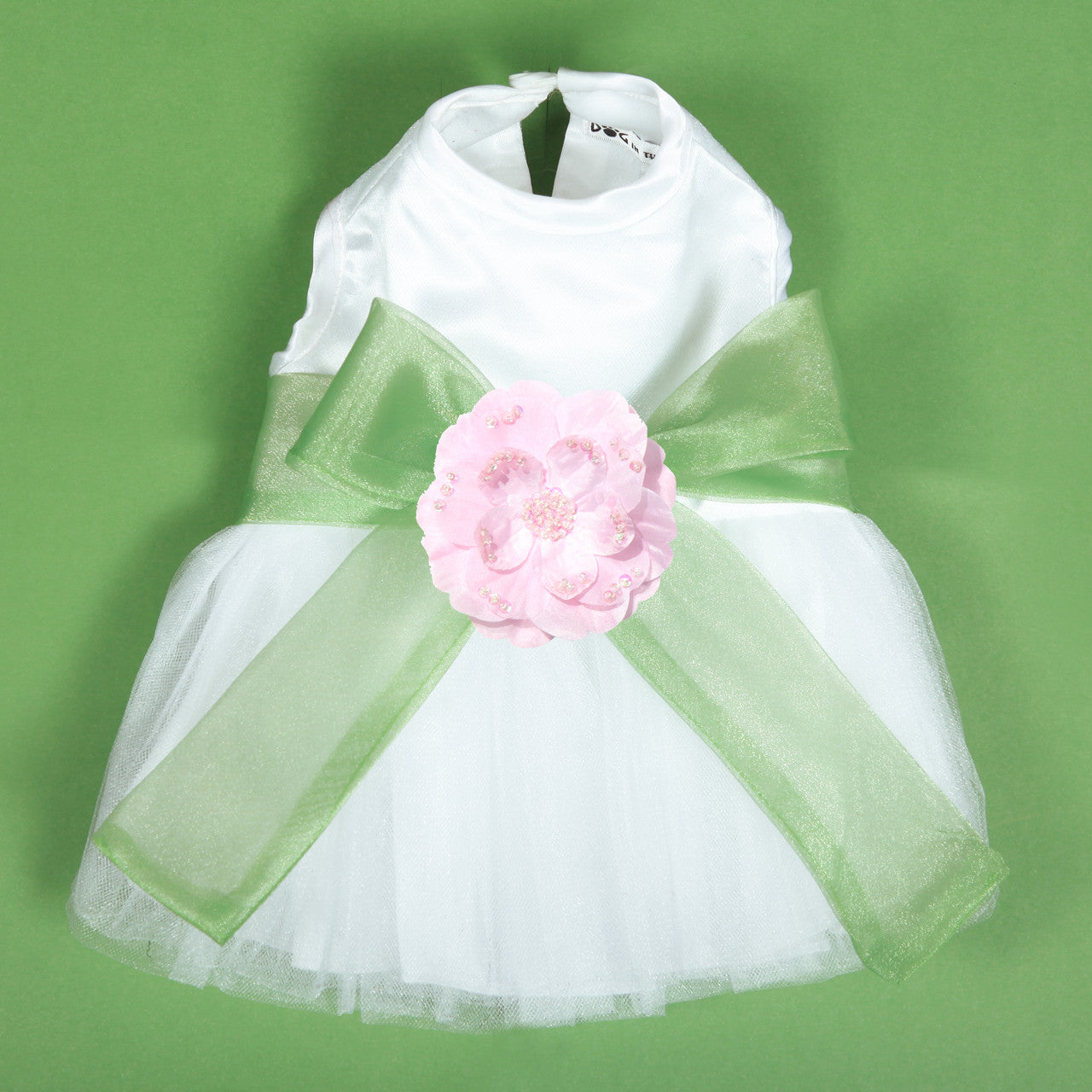 The Madeleine Dog Harness Dress with Leaf Green Sash
