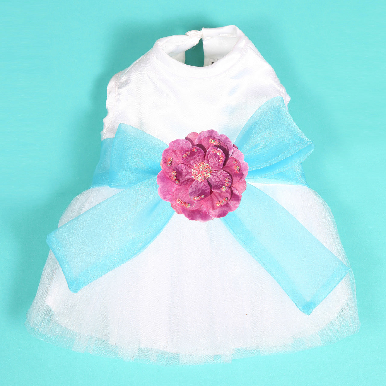 The Madeleine Dog Harness Dress with Aqua Sash